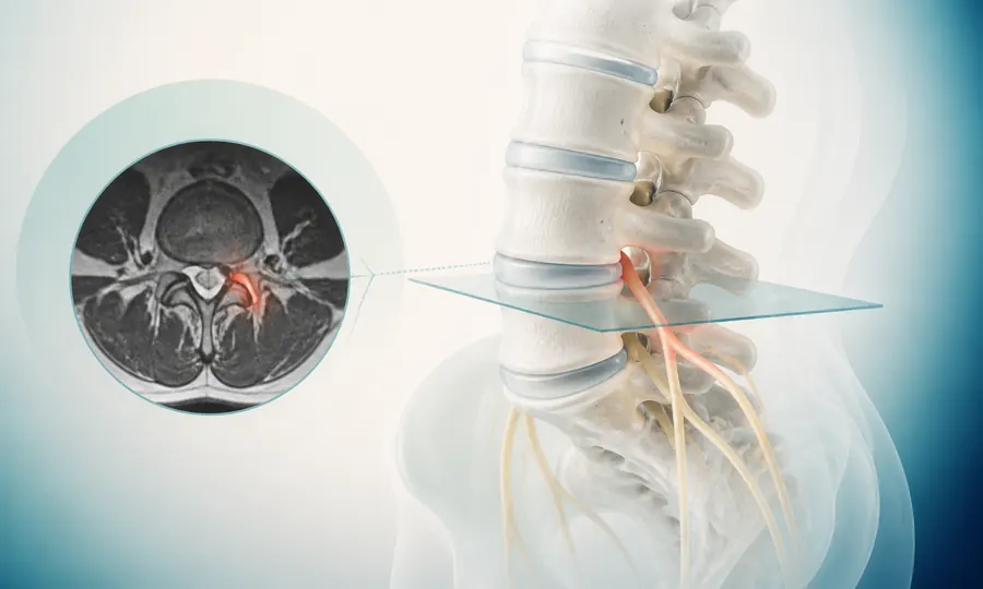 척추 모형과 MRI 단면을 함께 비교하는 의료 일러스트