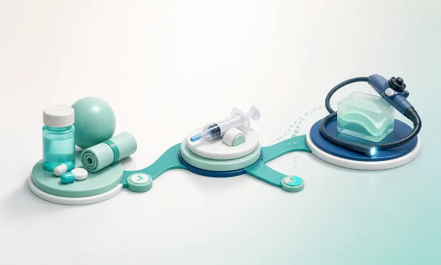 약물·재활부터 주사와 내시경 치료까지 순서를 나타낸 소프트 3D 일러스트