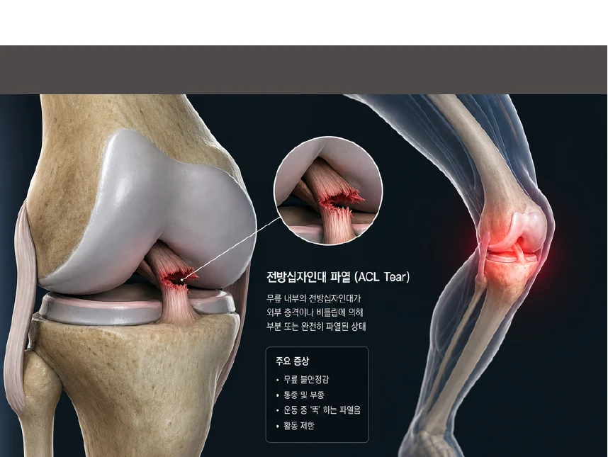 무릎 전방 십자 인대 파열을 나타낸 3D 의료 일러스트