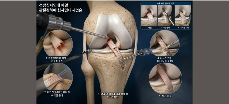 이식건을 이용한 전방 십자 인대 재건 과정을 나타낸 3D 의료 일러스트