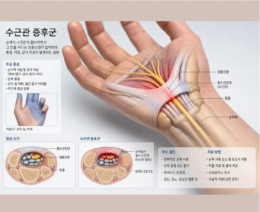 손목 수근관에서 정중신경이 눌리는 구조를 나타낸 3D 의료 일러스트