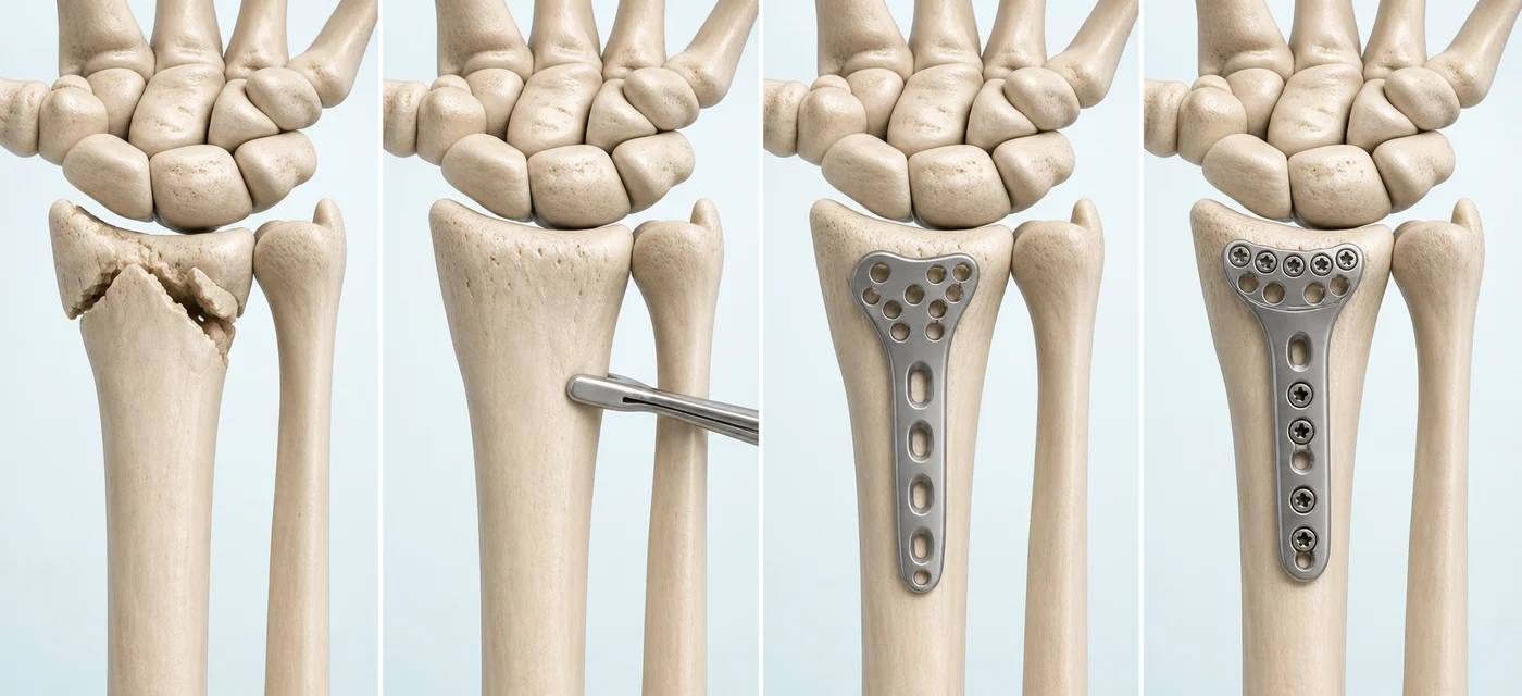 원위 요골 골절을 맞추고 손바닥 쪽 금속판과 나사로 고정하는 과정을 나타낸 AI 기반 3D 의료 일러스트