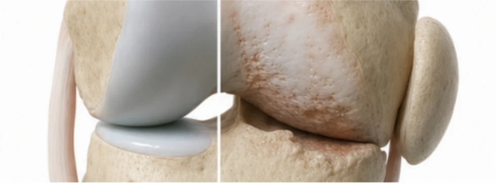 정상 무릎과 퇴행성 관절염 무릎 구조를 비교한 3D 의료 일러스트