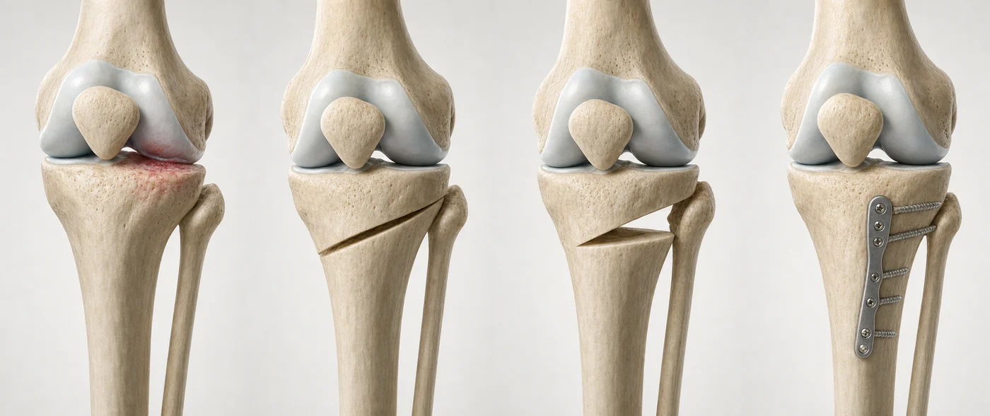 근위 경골 절골술의 절골과 정렬 교정 과정을 나타낸 3D 의료 일러스트