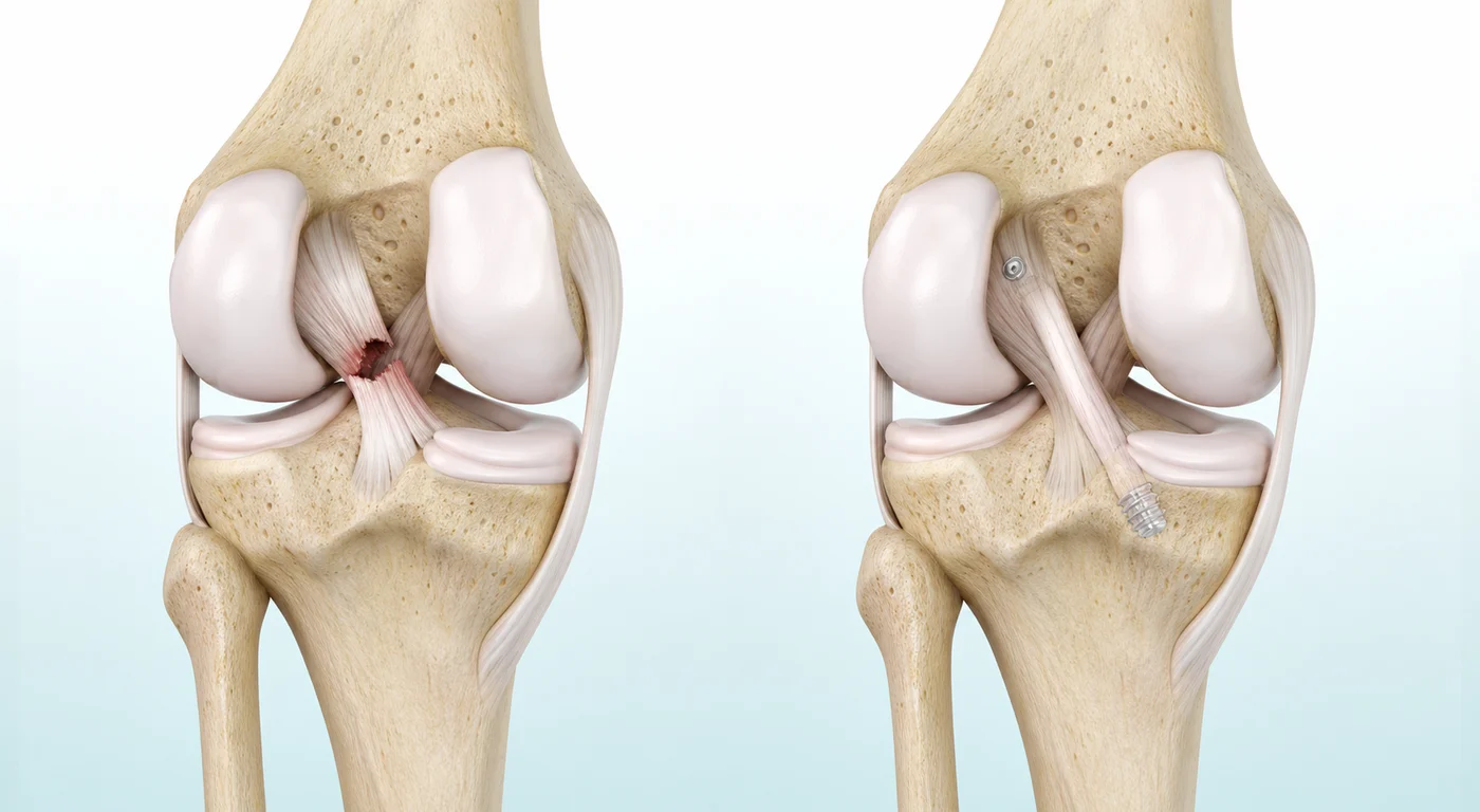 뼈 통로를 만들고 이식건으로 후방 십자 인대를 재건하는 과정을 나타낸 AI 기반 3D 의료 일러스트