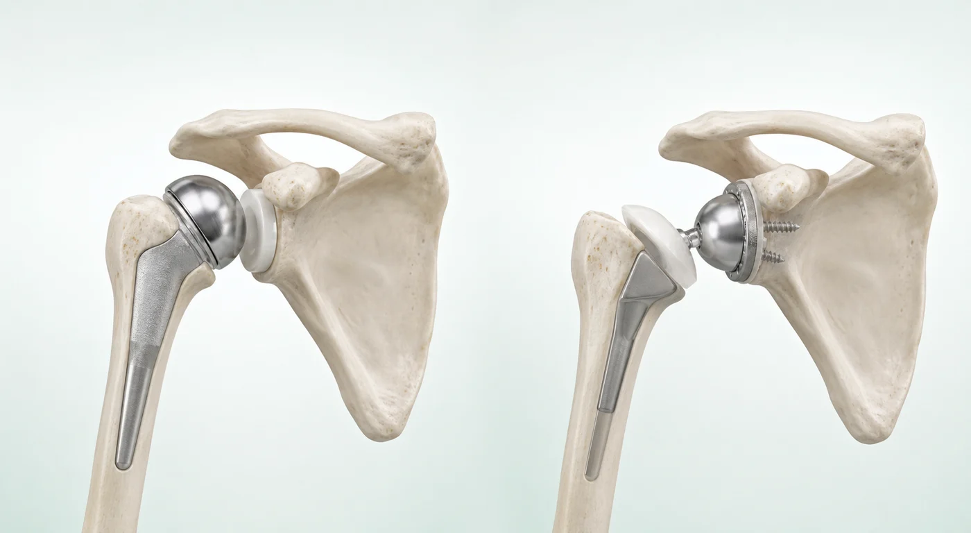 손상된 어깨 관절면을 정리하고 인공 관절 삽입물을 고정하는 과정을 나타낸 AI 기반 3D 의료 일러스트