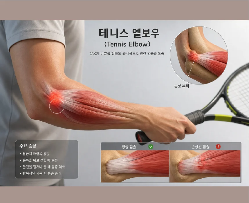 팔꿈치 외측상과 힘줄 병변을 나타낸 3D 의료 일러스트