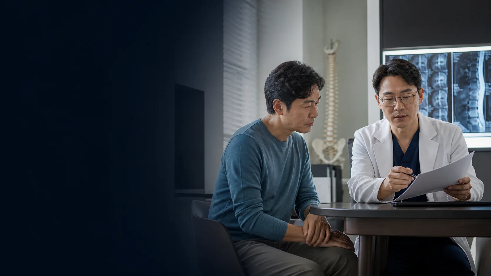 환자와 의료진이 허리 영상과 진료 기록을 함께 검토하는 상담 장면