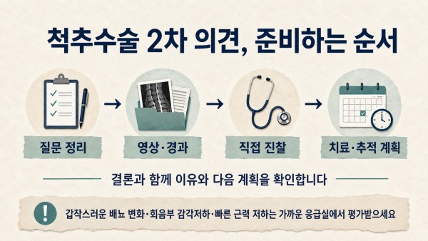 척추수술 2차 의견 준비: 질문 정리, 영상과 경과, 직접 진찰, 치료와 추적 계획의 순서