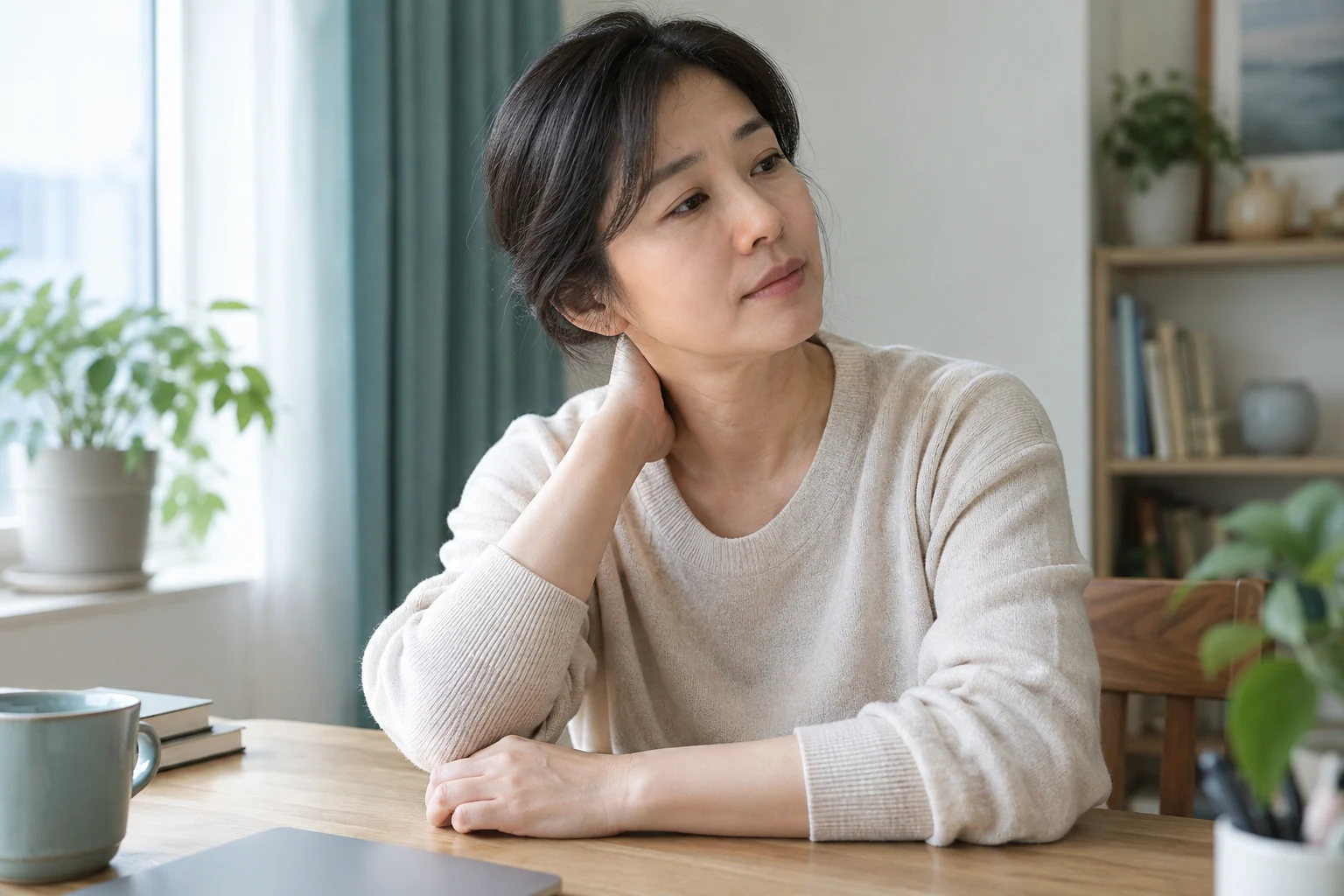 책상에서 목 뒤쪽을 짚는 성인 — 증상 이해를 돕는 AI 연출 이미지