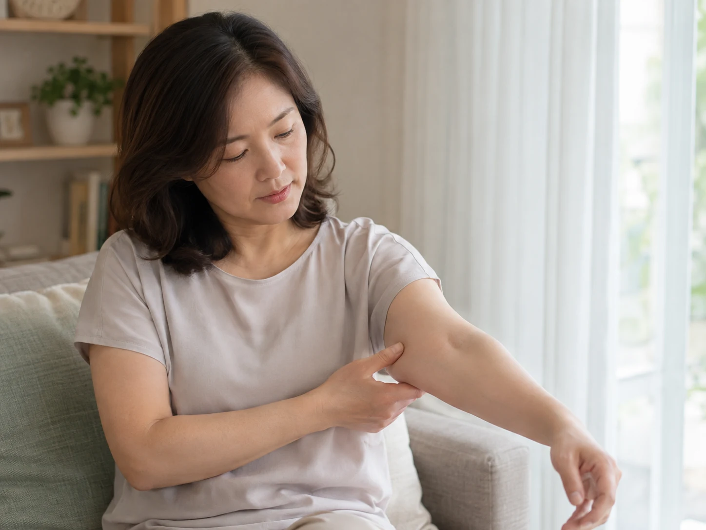 팔꿈치 바깥쪽을 짚는 성인 — 증상 이해를 돕는 AI 연출 이미지