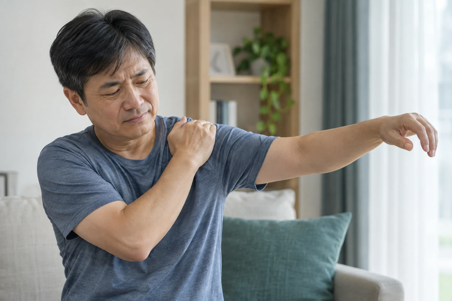 팔을 올리며 어깨 바깥쪽을 짚는 성인 — 증상 이해를 돕는 AI 연출 이미지