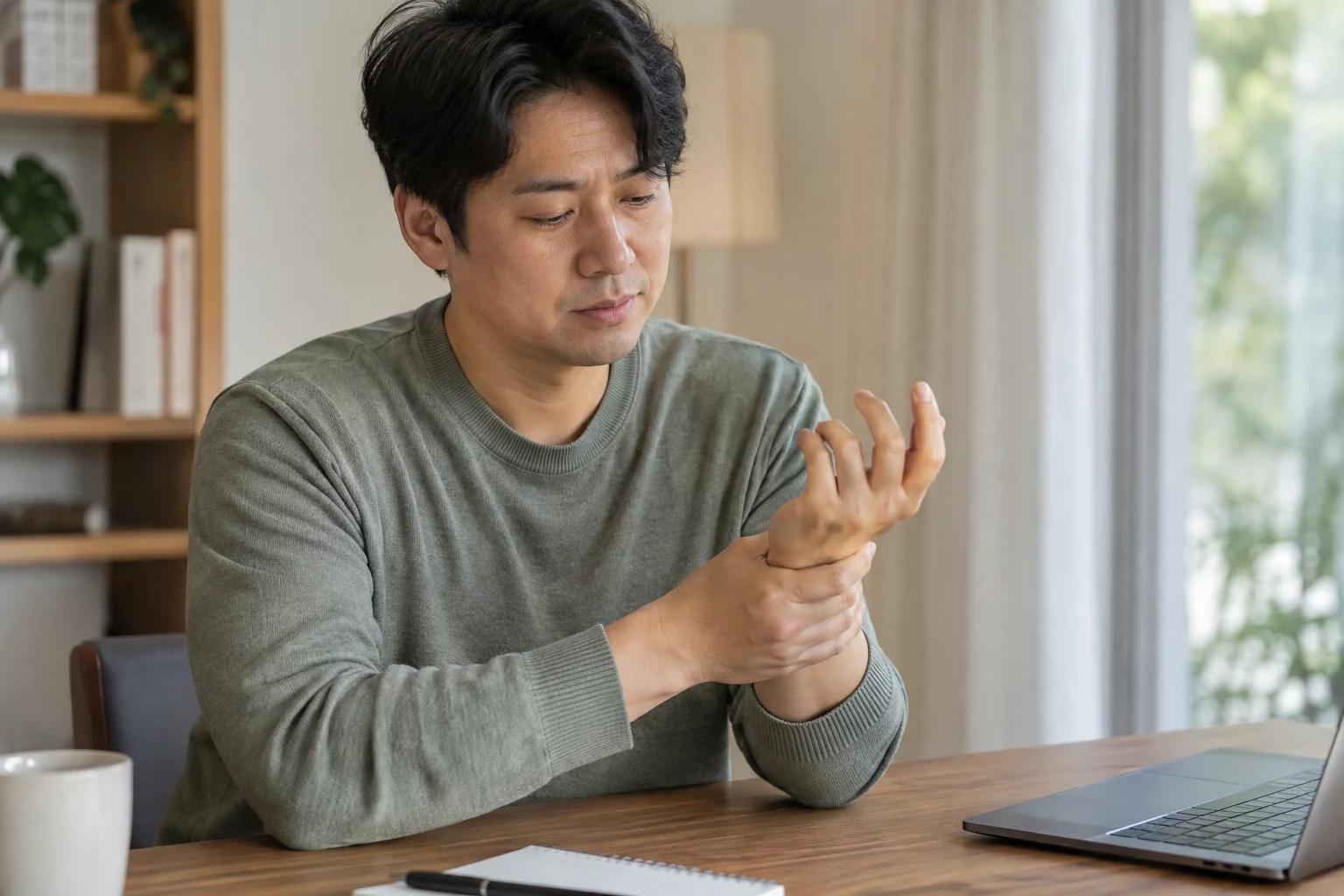책상에서 손목을 가볍게 받치는 성인 — 증상 이해를 돕는 AI 연출 이미지