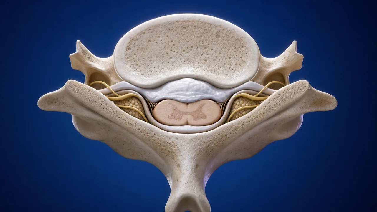 골화된 후종인대가 척수를 앞에서 눌러 납작해진 상태를 보여주는 경추 횡단면 3D 설명 그림