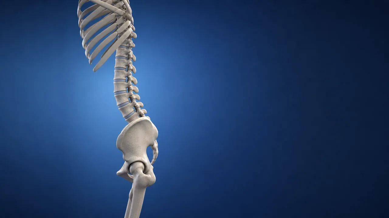 허리 만곡이 펴지고 몸통이 앞으로 기운 전체 척추 옆모습의 3D 해부 일러스트