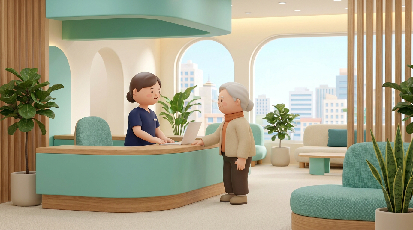 새기준병원 로비에서 안내 직원이 환자를 맞이하는 장면의 3D 일러스트