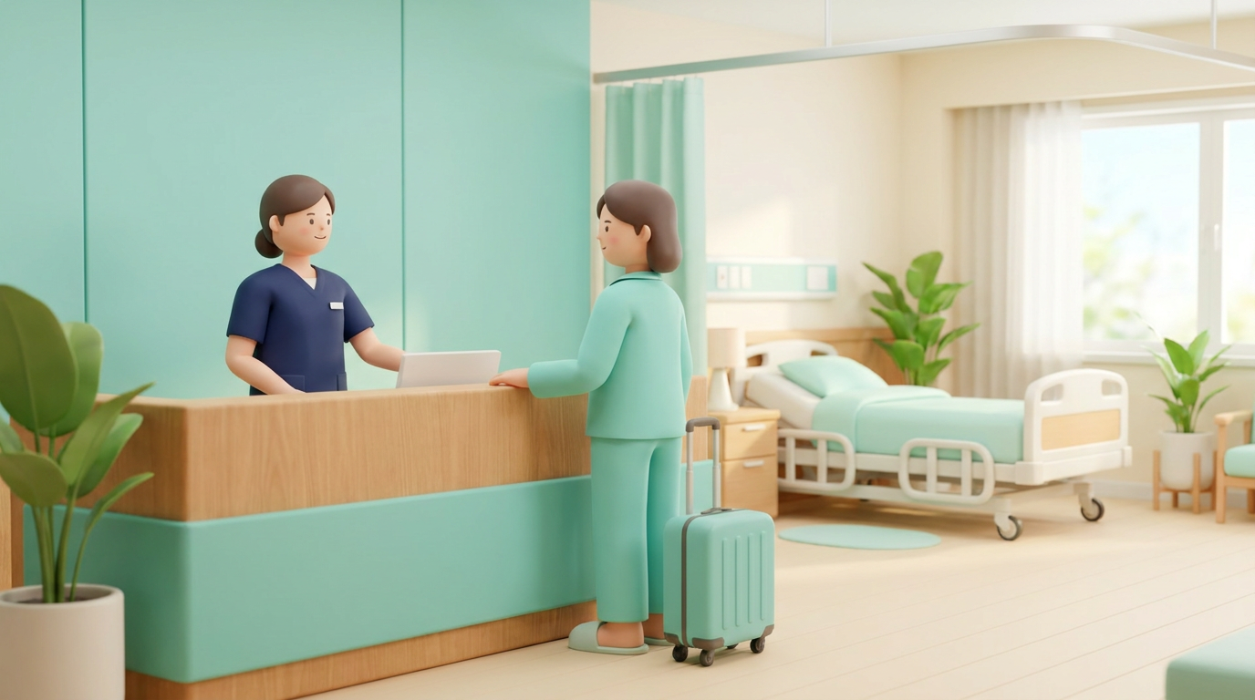 병동 접수처에서 직원이 입퇴원 환자를 안내하는 장면의 3D 일러스트