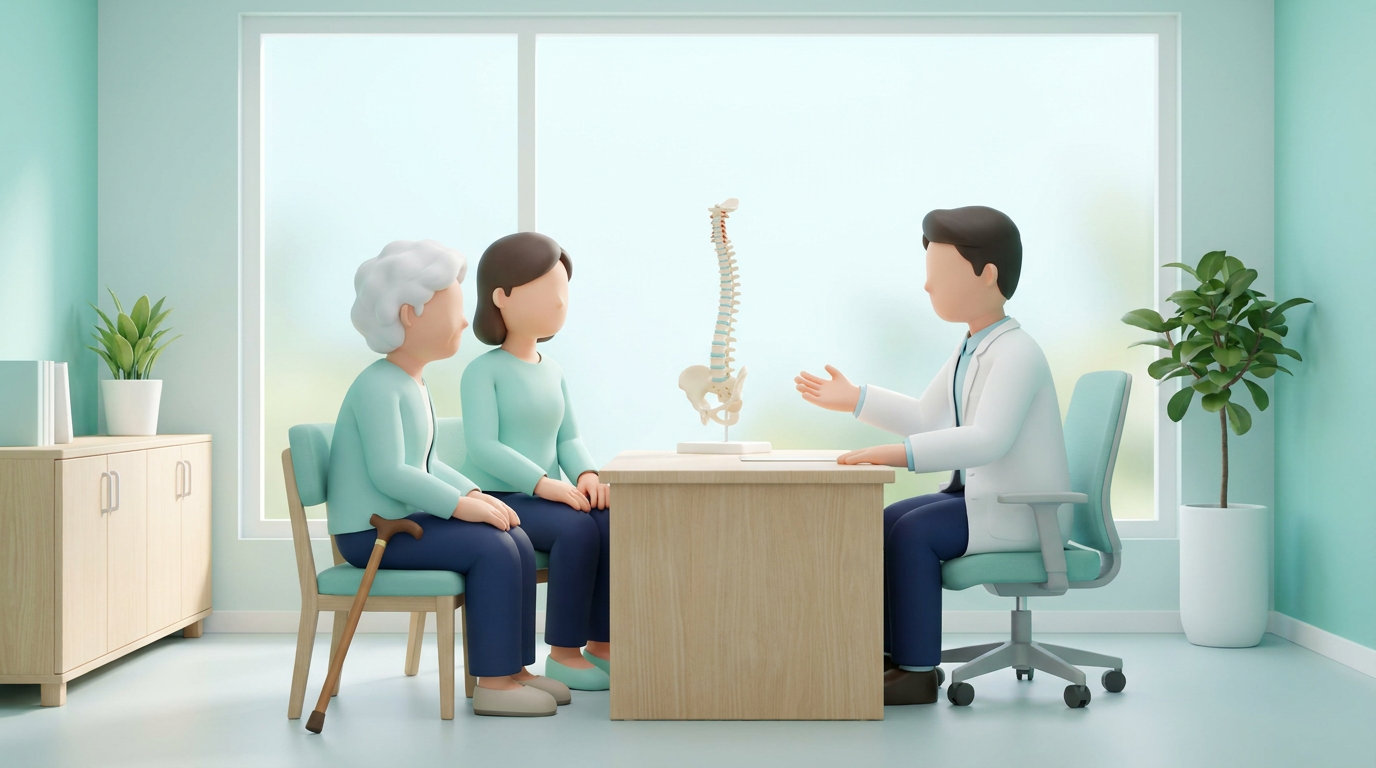 의료진이 고령 환자와 보호자에게 척추 상담을 하는 장면의 3D 일러스트