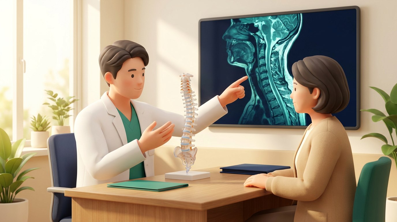 의료진이 경추 모형으로 목디스크 증상을 설명하는 장면의 3D 일러스트