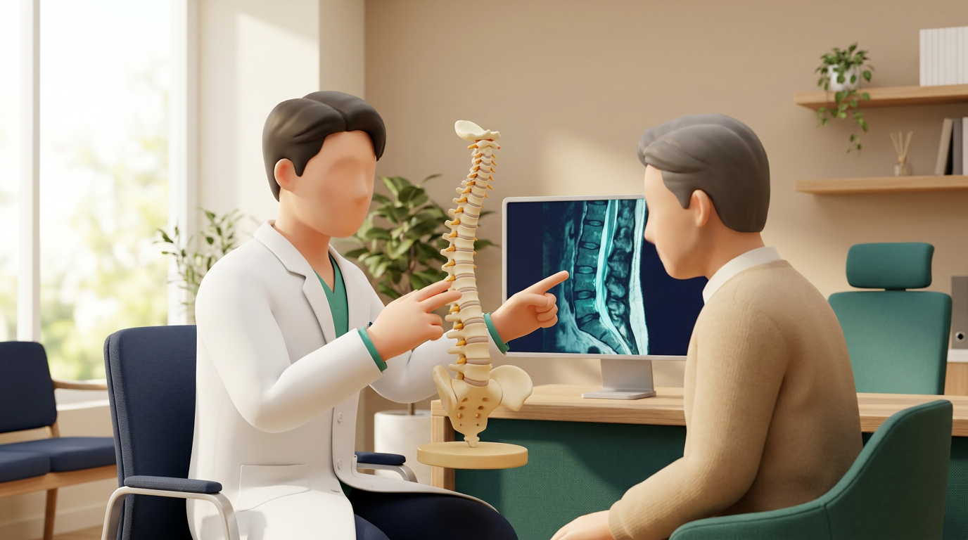 새기준병원 신경외과 전문의가 허리질환 환자에게 요추 모형과 MRI 화면으로 상담하는 장면
