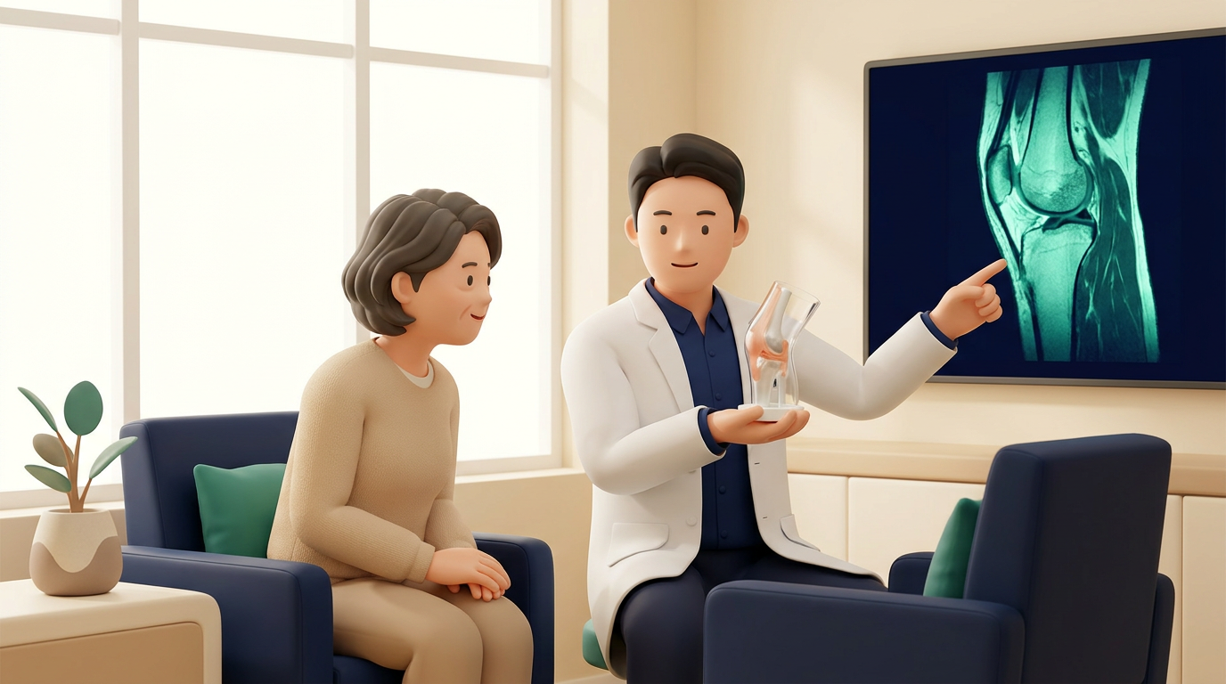 새기준병원 정형외과 전문의가 무릎질환 환자에게 무릎 관절 모형과 MRI 화면으로 상담하는 장면
