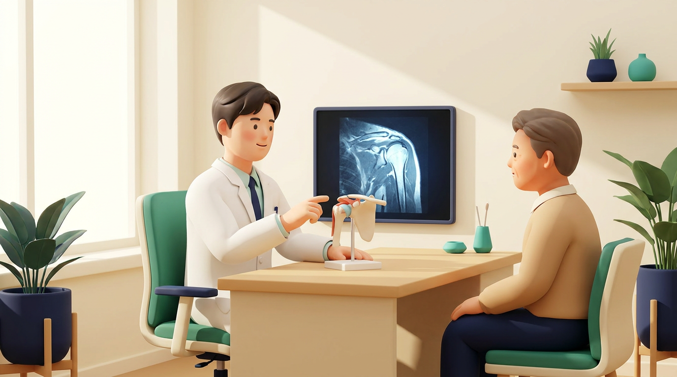 새기준병원 정형외과 전문의가 어깨질환 환자에게 어깨 관절 모형과 MRI 화면으로 상담하는 장면