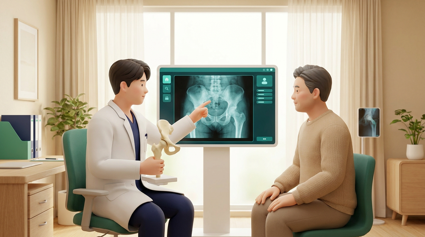 새기준병원 정형외과 전문의가 고관절질환 환자에게 고관절 모형과 골반 X-ray 화면으로 상담하는 장면