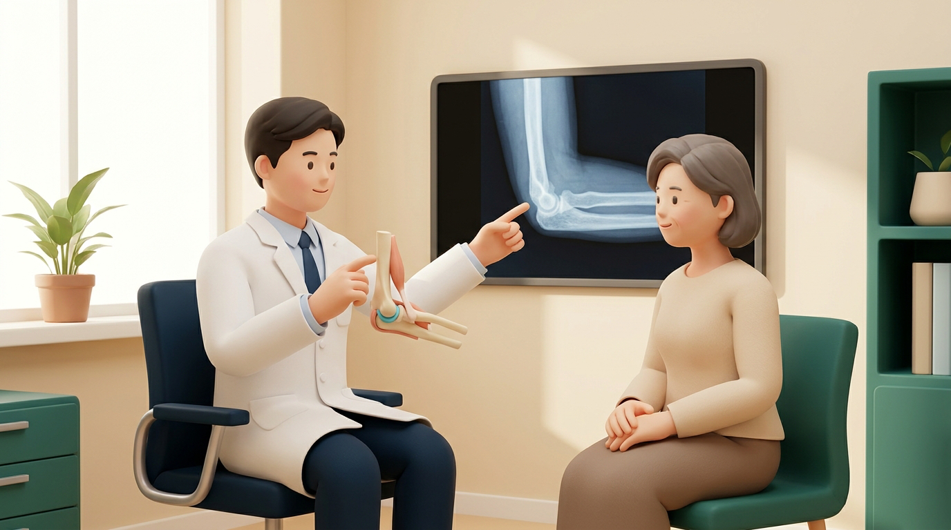 새기준병원 정형외과 전문의가 팔꿈치질환 환자에게 팔꿈치 관절 모형과 X-ray 화면으로 상담하는 장면