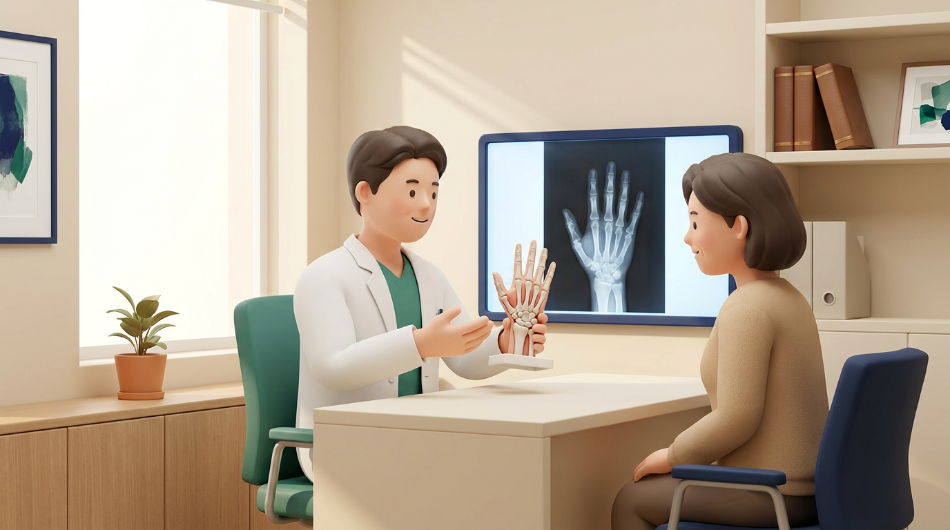 새기준병원 정형외과 전문의가 손·손목질환 환자에게 손 모형과 X-ray 화면으로 상담하는 장면