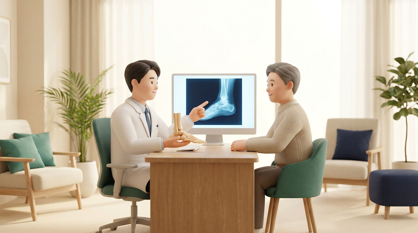 새기준병원 정형외과 전문의가 발·발목질환 환자에게 발 모형과 X-ray 화면으로 상담하는 장면