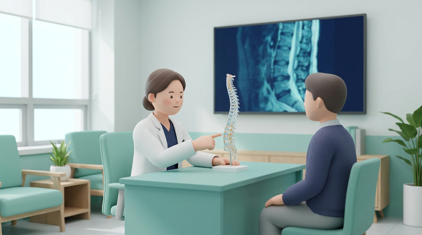 진료실에서 의료진이 척추 모형과 영상 자료로 상담을 설명하는 장면의 3D 일러스트