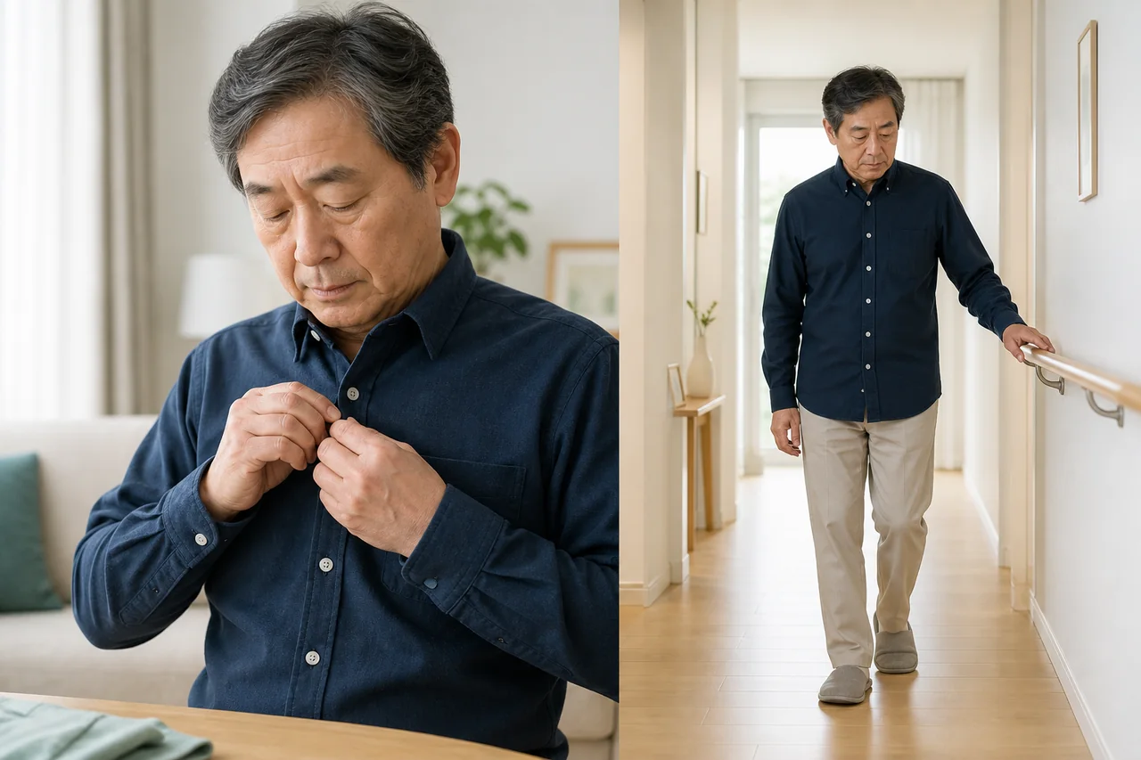 단추를 잠그는 손동작과 보행 시 균형 변화를 보여주는 연출 장면
