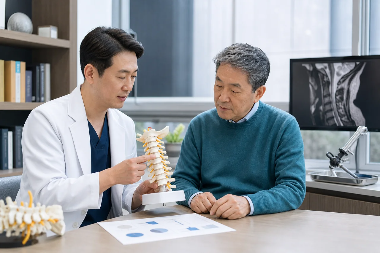 의료진과 환자가 경추 모형을 보며 치료 방향을 상의하는 연출 장면