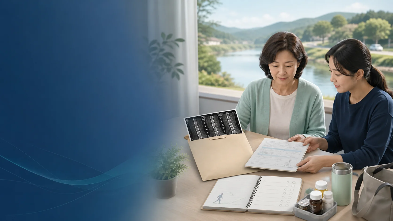 양평에서 용인 새기준병원 진료를 준비하는 환자와 보호자의 의료 안내 일러스트