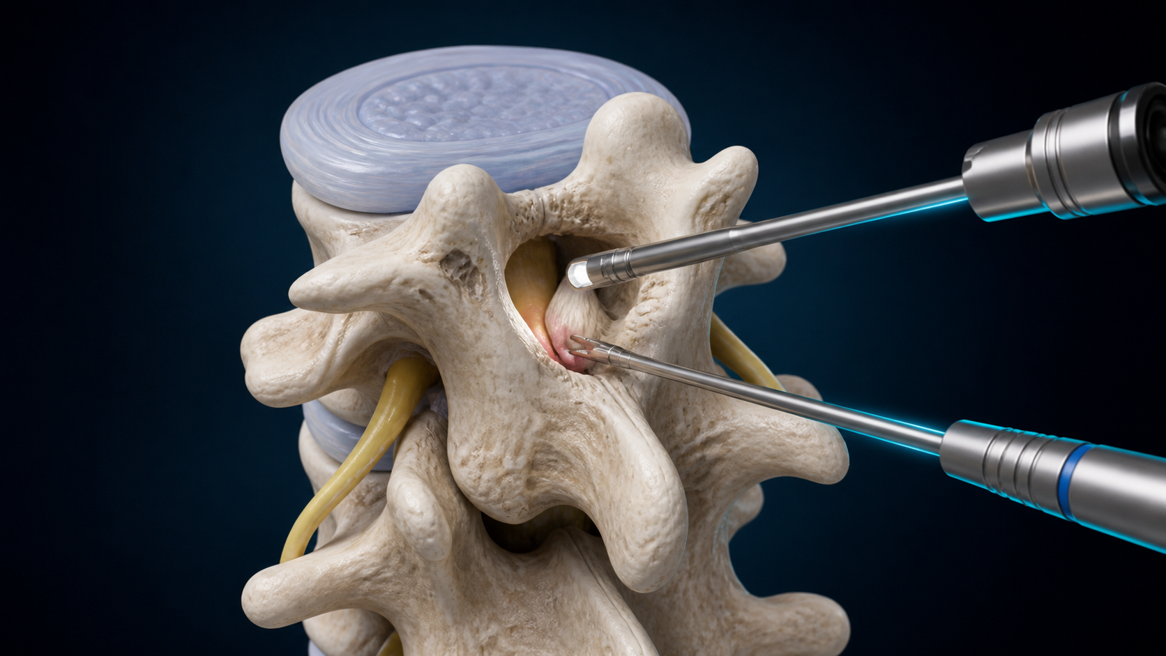 허리뼈와 신경이 지나가는 공간을 보여주는 척추 치료 교육용 3D 설명 그림