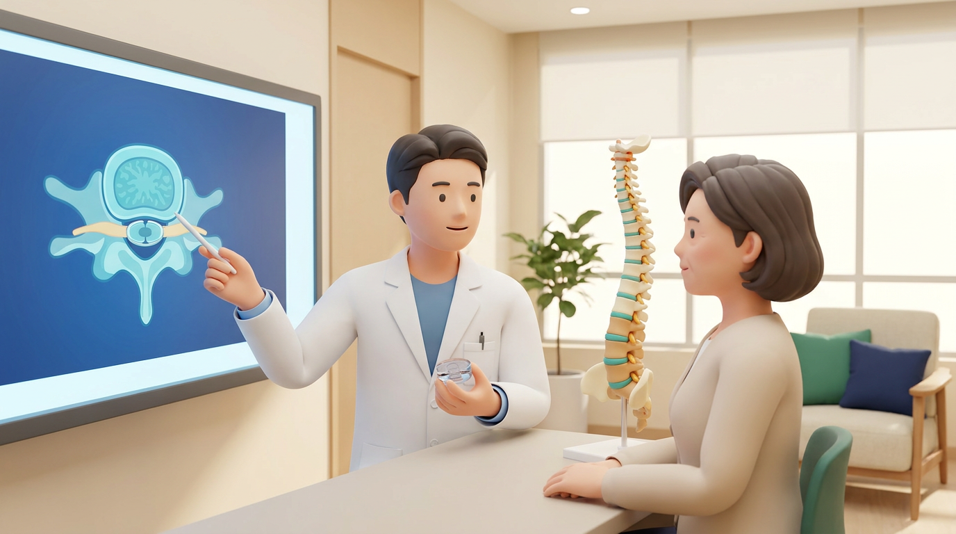 새기준병원 신경외과 전문의가 인공디스크치환술을 요추 모형과 인공디스크 프로스테시스로 상담 설명하는 장면