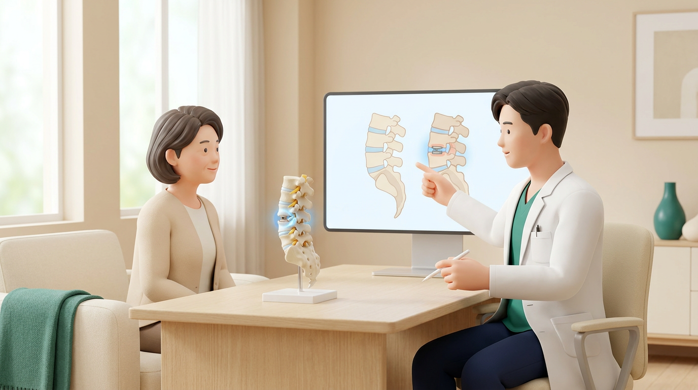 의료진이 척추 모형으로 척추전방전위증과 유합술 판단을 설명하는 장면의 3D 일러스트