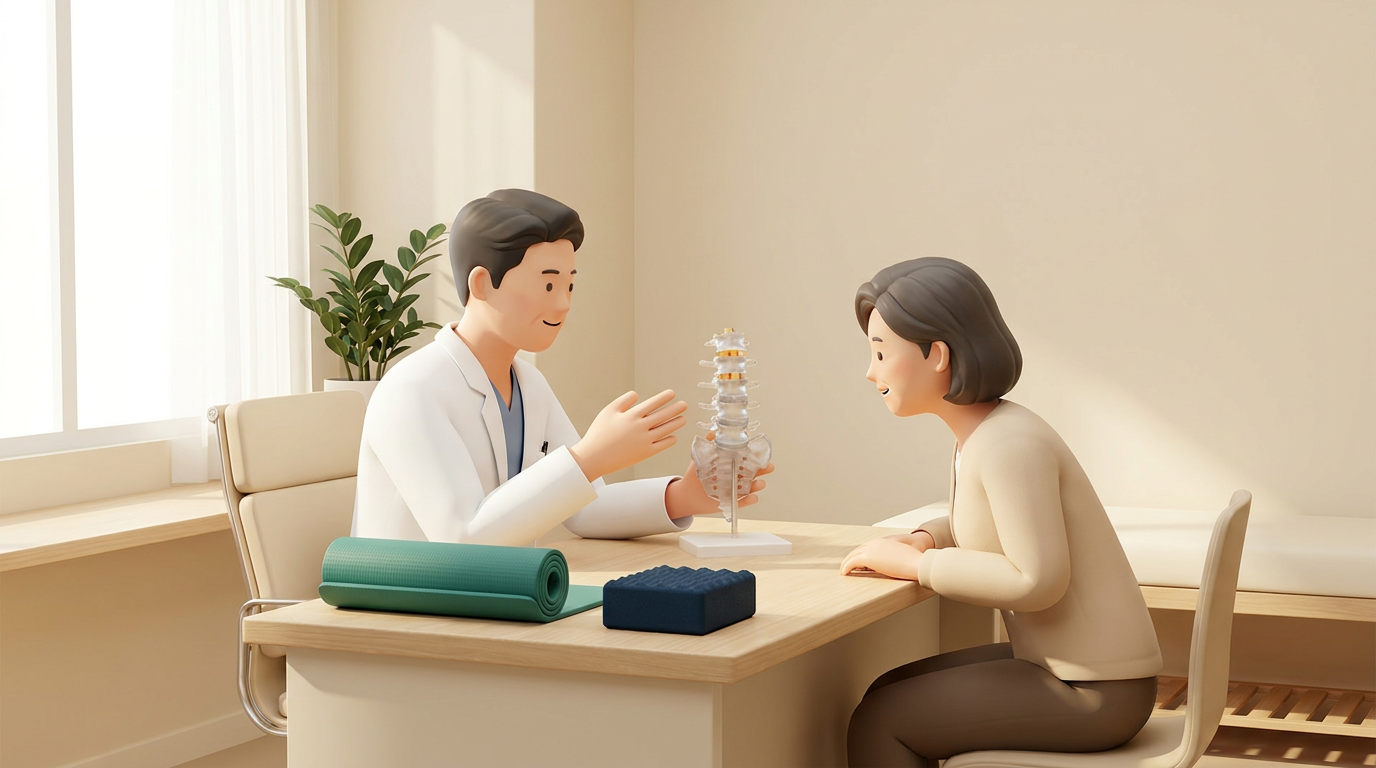 새기준병원 신경외과 전문의가 척추 비수술 치료 방안을 요추 모형과 재활 도구로 상담하는 장면