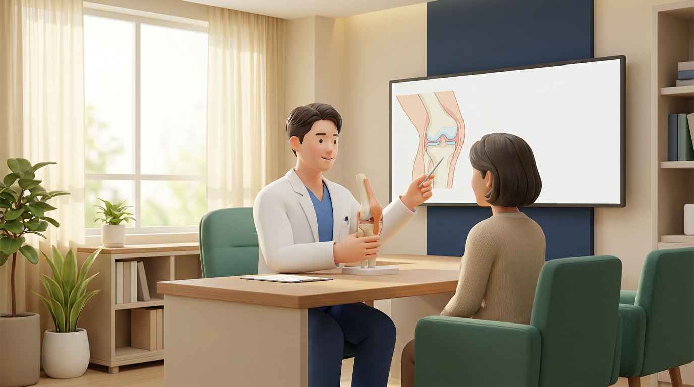 새기준병원 정형외과 전문의가 관절내시경 치료를 무릎 모형으로 상담 설명하는 장면