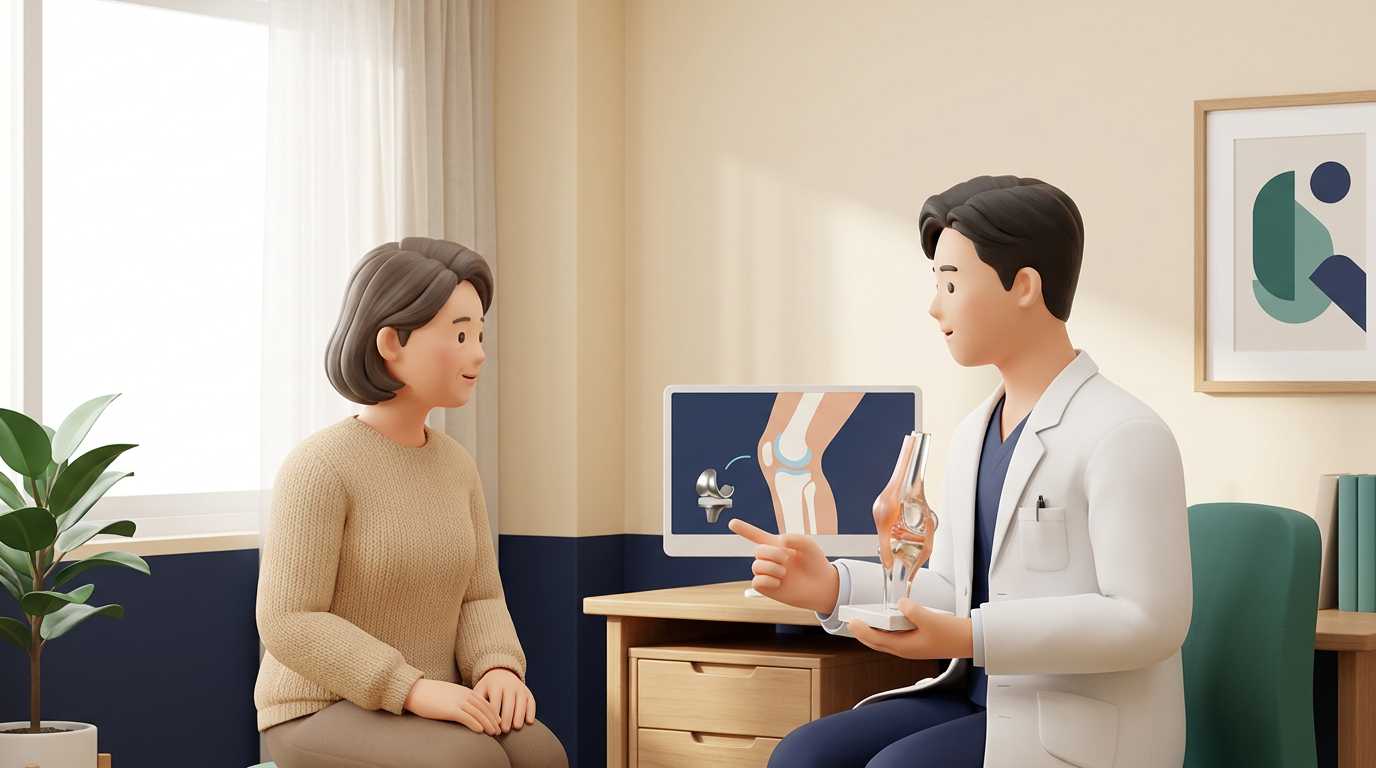 새기준병원 정형외과 전문의가 인공관절치환술을 무릎 모형과 인공관절로 상담 설명하는 장면