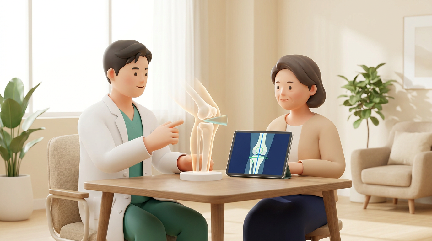 새기준병원 정형외과 전문의가 근위경골절골술을 무릎·경골 모형으로 상담 설명하는 장면