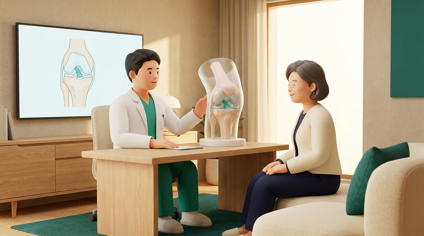 새기준병원 정형외과 전문의가 십자인대재건술을 무릎 인대 모형으로 상담 설명하는 장면