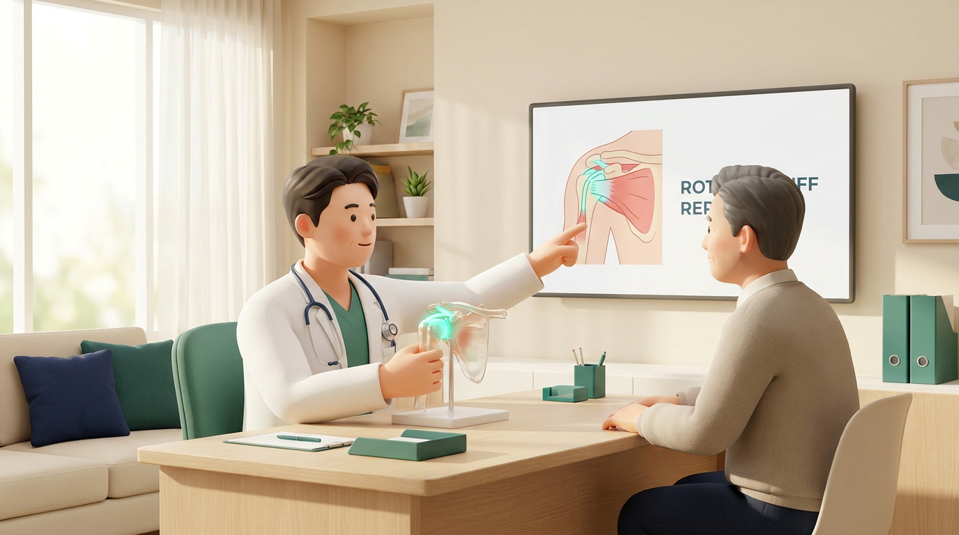 새기준병원 정형외과 전문의가 회전근개봉합술을 어깨 모형으로 상담 설명하는 장면