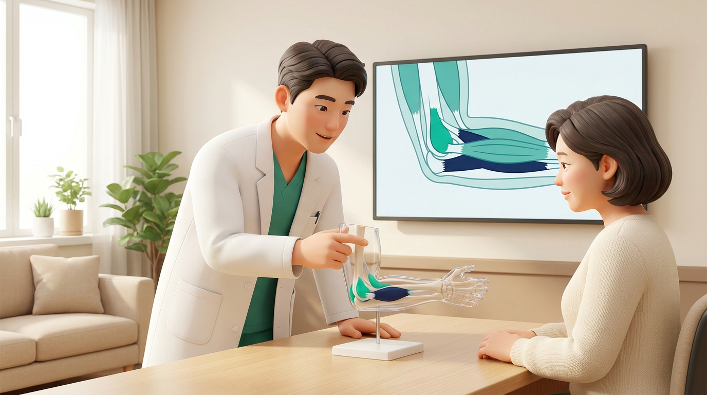 새기준병원 정형외과 전문의가 골프·테니스엘보 치료를 팔꿈치 모형으로 상담 설명하는 장면