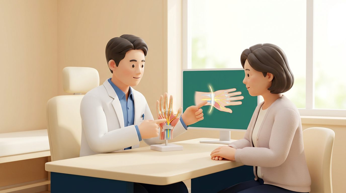 새기준병원 정형외과 전문의가 손목터널증후군 치료를 손목 모형으로 상담 설명하는 장면