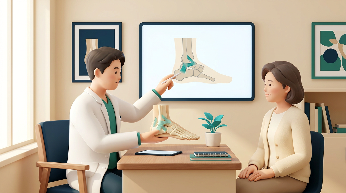 새기준병원 정형외과 전문의가 발목인대봉합술을 발목 모형으로 상담 설명하는 장면