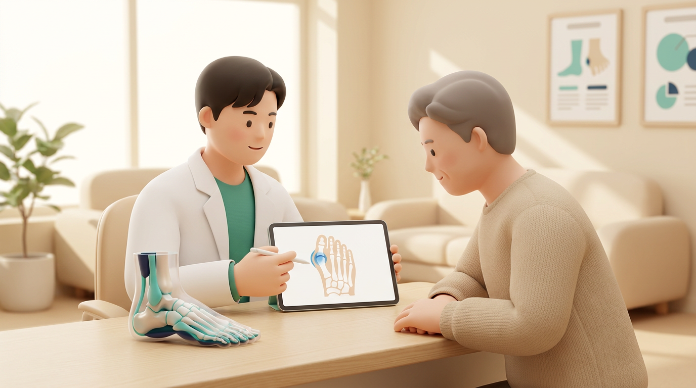 새기준병원 정형외과 전문의가 무지외반교정술을 발 모형으로 상담 설명하는 장면
