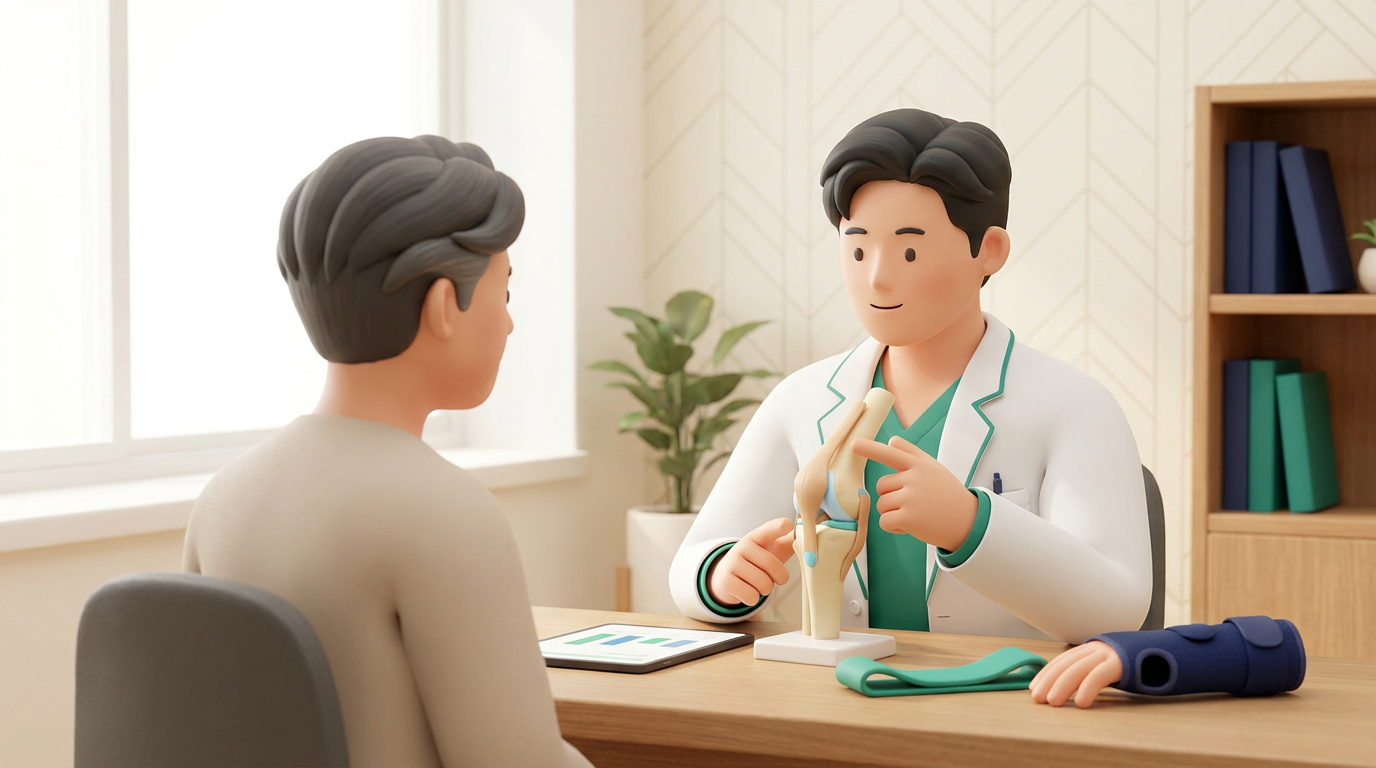 새기준병원 정형외과 전문의가 관절 비수술 치료 방안을 관절 모형과 재활 도구로 상담하는 장면
