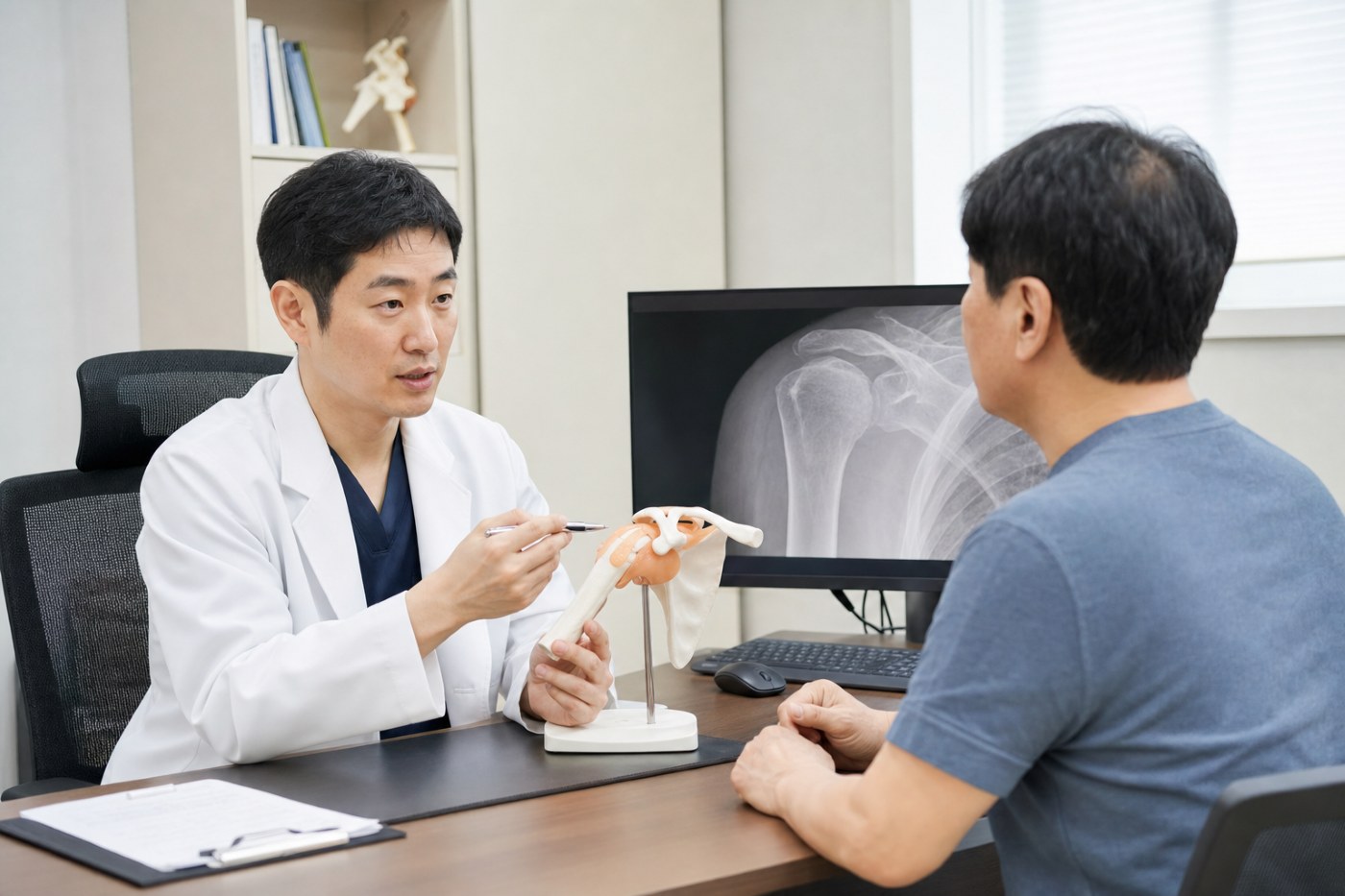 의료진이 어깨 관절 모형과 일반적인 X-ray 화면으로 석회성 건염을 설명하는 모습