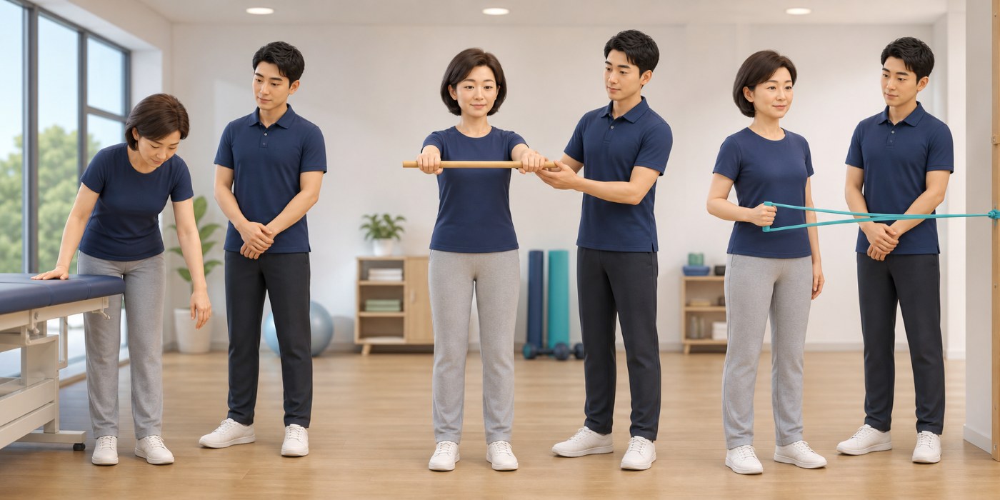 진자운동, 막대를 이용한 보조운동, 낮은 강도의 밴드 운동을 순서대로 보여주는 3D 이미지